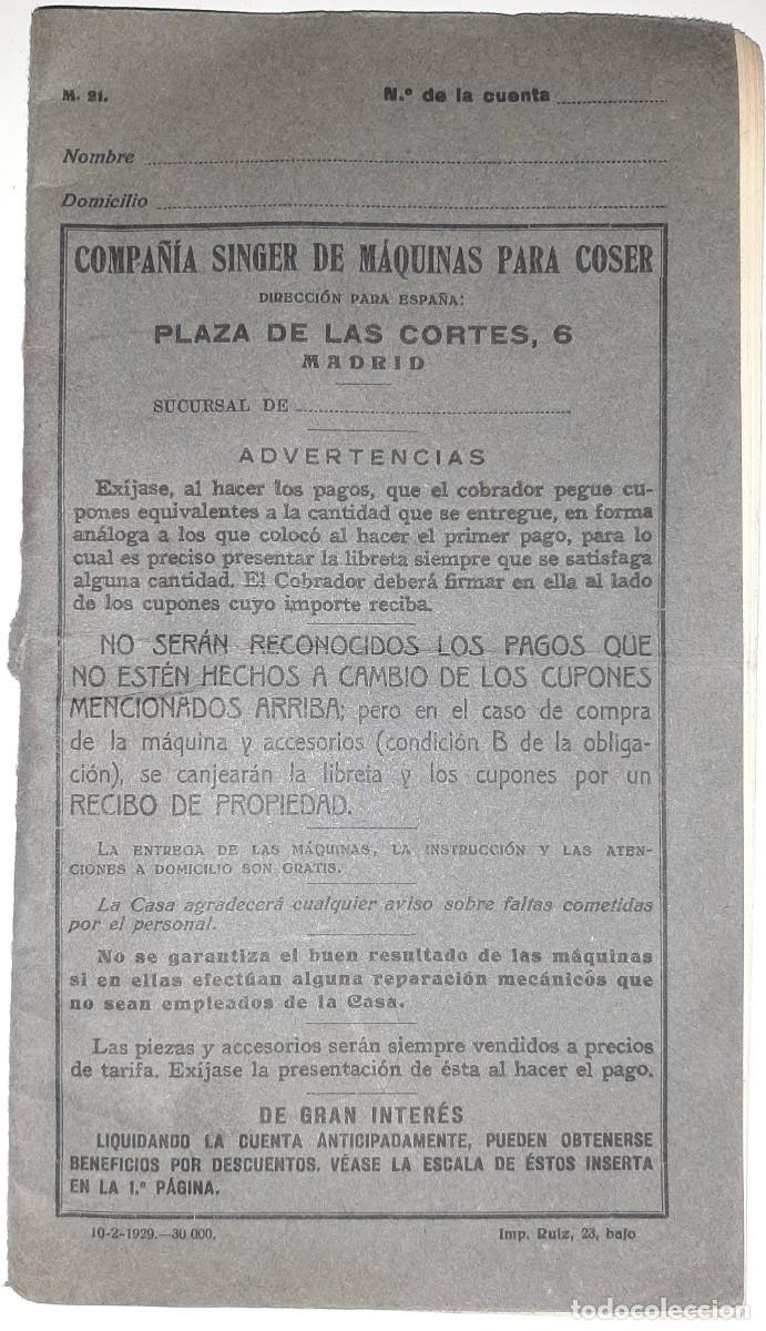 Otros Art&iacute;culos de Coleccionismo en Papel: [Cartilla de pago a plazos de la Compa&ntilde;&iacute;a Singer de M&aacute;quinas para Coser]. -- Madrid, 1929.