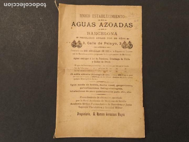 Altri oggetti di carta: AGUAS AZOADAS DE BARCELONA-PUBLICIDAD ANTIGUA-VER FOTOS-(K-11.348)