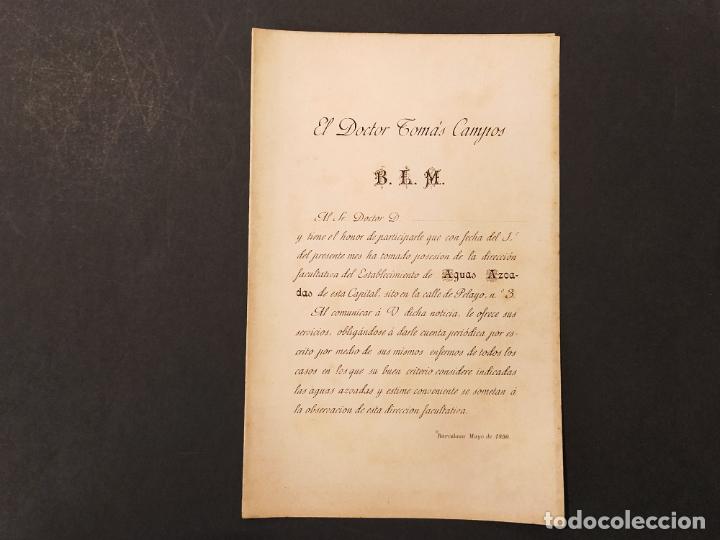 Altri oggetti di carta: AGUAS AZOADAS DE BARCELONA-DOCTOR TOMAS CAMPOS-A&Ntilde;O 1890-PUBLICIDAD ANTIGUA-VER FOTOS-(K-11.350)