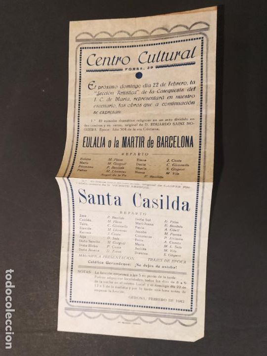 Otros Art&iacute;culos de Coleccionismo en Papel: GIRONA-CENTRO CULTURAL-A&Ntilde;O 1942-EULALIA...-SANTA CASILDA-PROGRAMA ANTIGUO-VER FOTOS-(K-11.472)