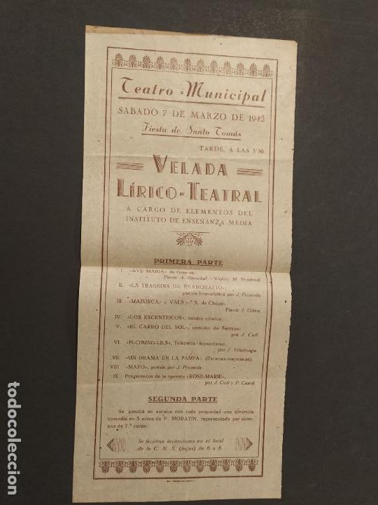 Otros Art&iacute;culos de Coleccionismo en Papel: GIRONA-TEATRO MUNICIPAL-A&Ntilde;O 1942-VELADA LIRICO TEATRAL-PROGRAMA ANTIGUO-VER FOTOS-(K-11.473)