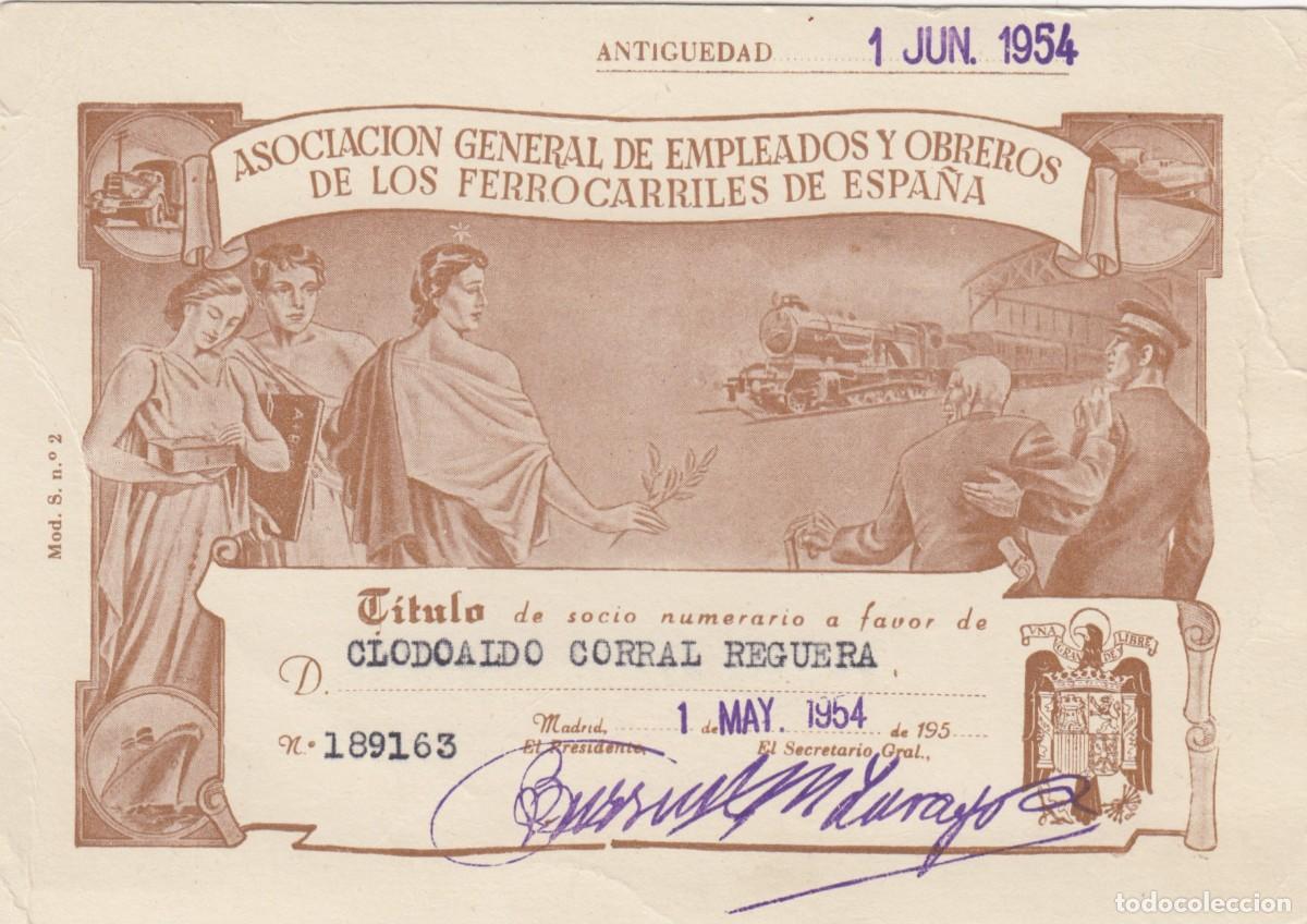 Otros Art&iacute;culos de Coleccionismo en Papel: ASOCIACI&Oacute;N EMPLEADOS Y OBREROS DE LOS FERROCARRILES DE ESPA&Ntilde;A. T&Iacute;TULO SOCIO NUMERARIO.