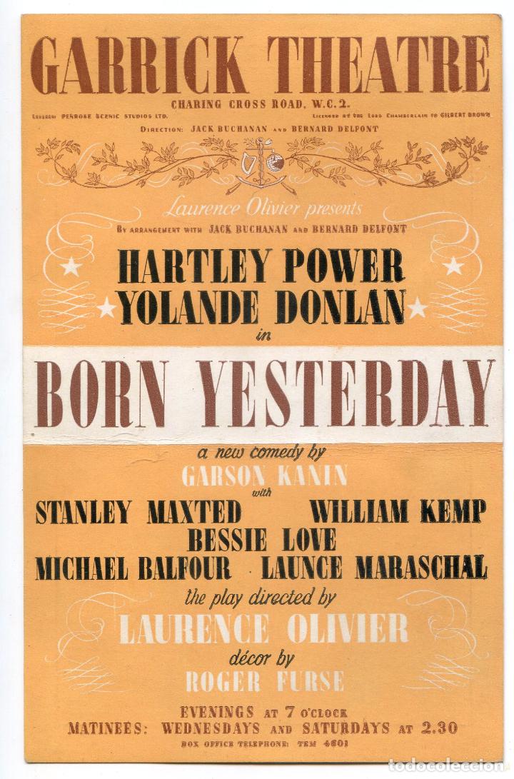 Altri oggetti di carta: Born Yesterday, Garrick Theatre, Laurence Olivier, tarjeta publicitaria, Londres a&ntilde;os 50