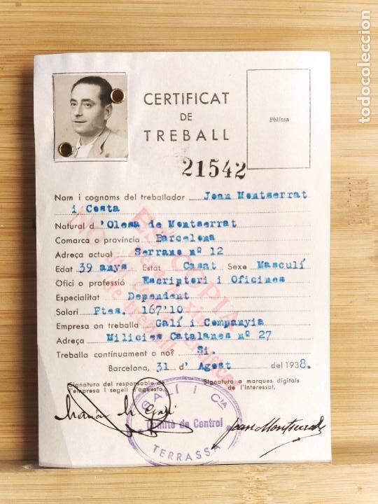 Otros Art&iacute;culos de Coleccionismo en Papel: GUERRA CIVIL-CERTIFICAT DE TREBALL-JOAN MONTSERRAT-OLESA DE MONTSERRAT-ANY 1938-VER FOTOS-(K-11.522)