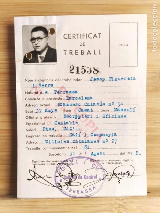 Otros Art&iacute;culos de Coleccionismo en Papel: GUERRA CIVIL-CERTIFICAT DE TREBALL-JOSEP FIGUEROLA-TERRASSA-ANY 1938-VER FOTOS-(K-11.524)