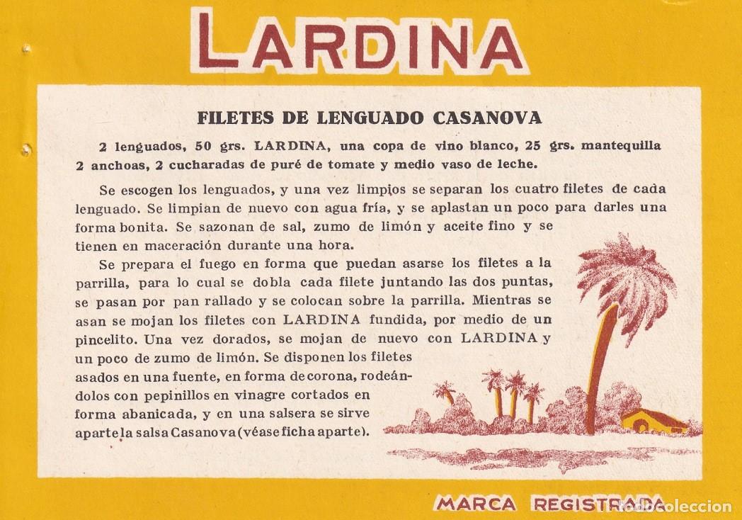 Otros Art&iacute;culos de Coleccionismo en Papel: Hoja publicitaria - A&ntilde;o 1922 / Lardina - Receta de filetes de lenguado Casanova