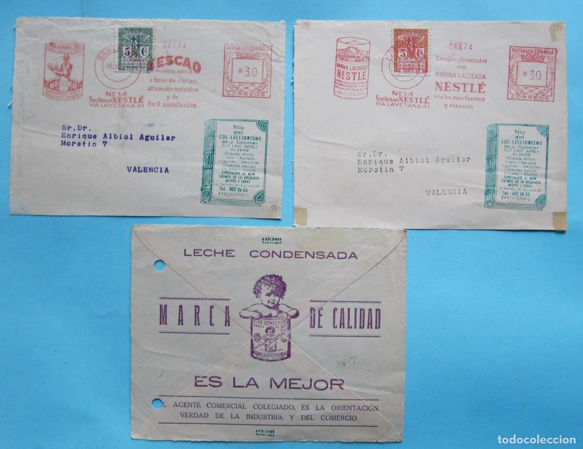 Otros Art&iacute;culos de Coleccionismo en Papel: 3 RECORTES DE SOBRES CON PUBLICIDAD DE NESTL&Eacute;, NESCAO Y LECHE CONDENSADA LA LECHERA, 1930'S