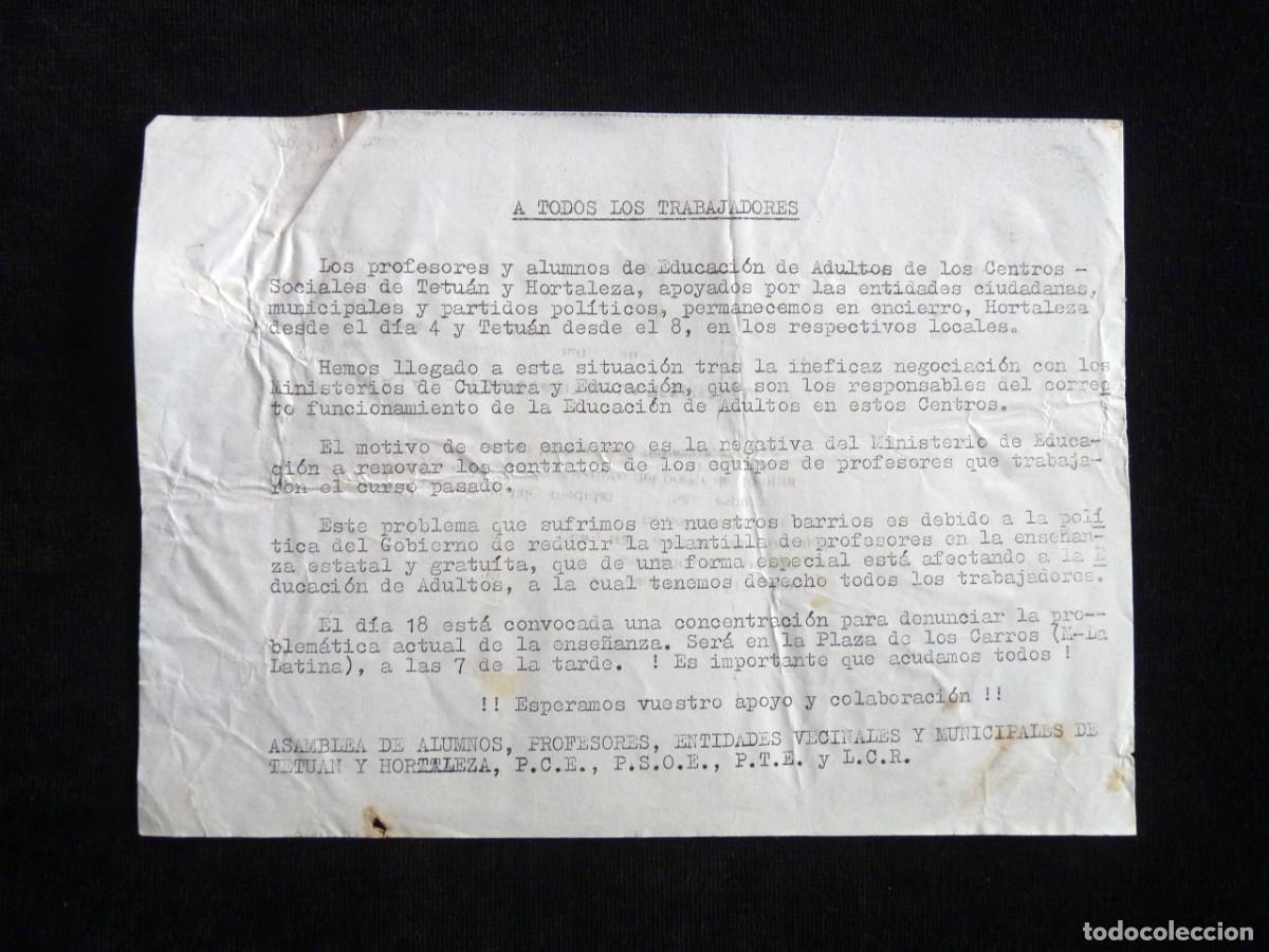 Otros Art&iacute;culos de Coleccionismo en Papel: COMUNICADO AL ENCIERRO DE PROFESORES EN EL CENTRO SOCIAL DE TETUAN Y HORTALEZA (MADRID). 1979