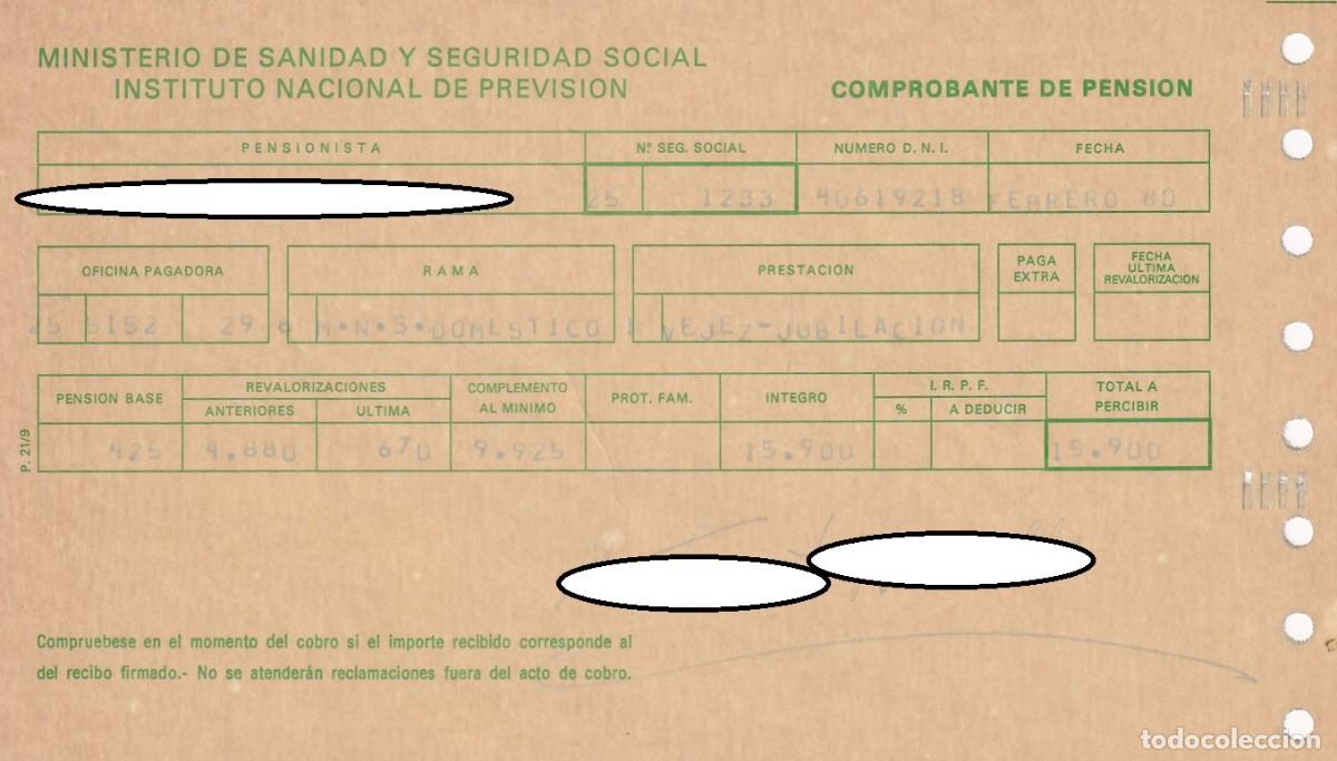 Otros Art&iacute;culos de Coleccionismo en Papel: Comprobante de pensi&oacute;n 1980 - Ministerio de Sanidad y Seguridad Social Instituto Nacional Previsi&oacute;n