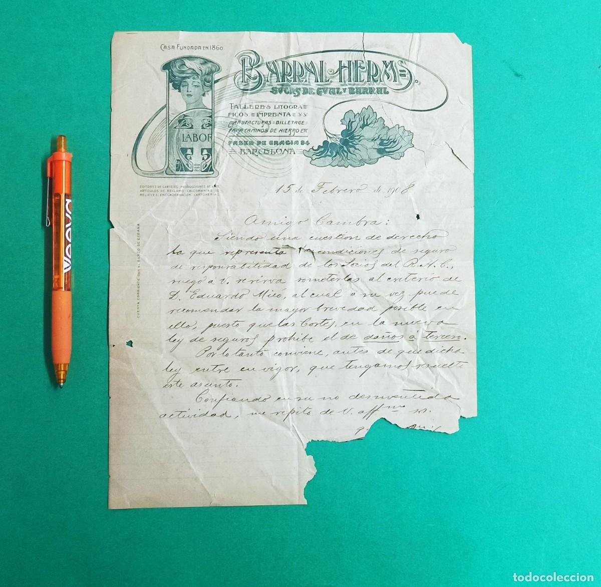 Otros Art&iacute;culos de Coleccionismo en Papel: Antigua carta Modernista 1908. Publicidad Barral Herm. Barcelona.