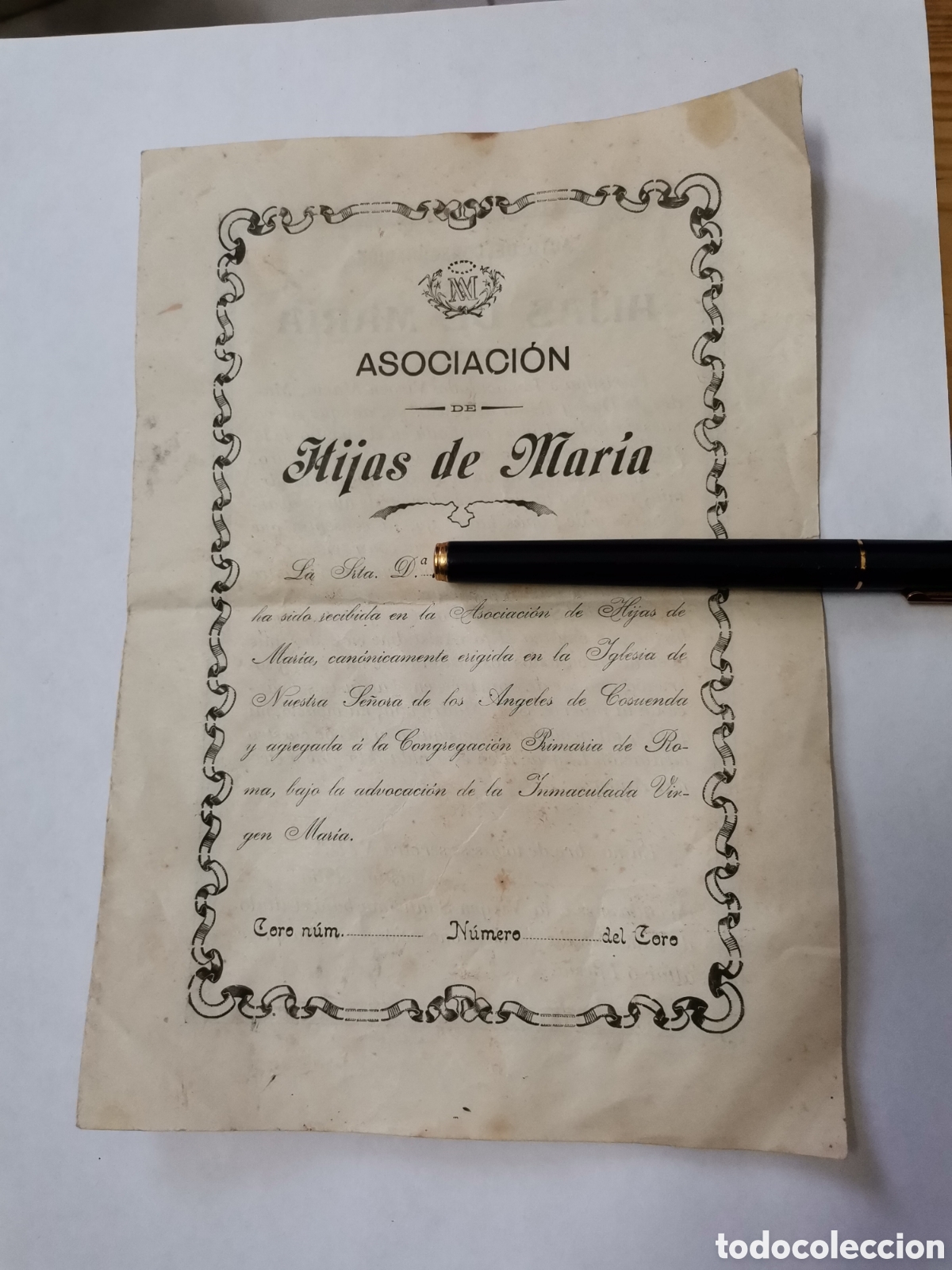 Otros Art&iacute;culos de Coleccionismo en Papel: Asociacion hijas de maria firmado 1916 cosuenda zaragoza inmaculada virgen maria consagracion