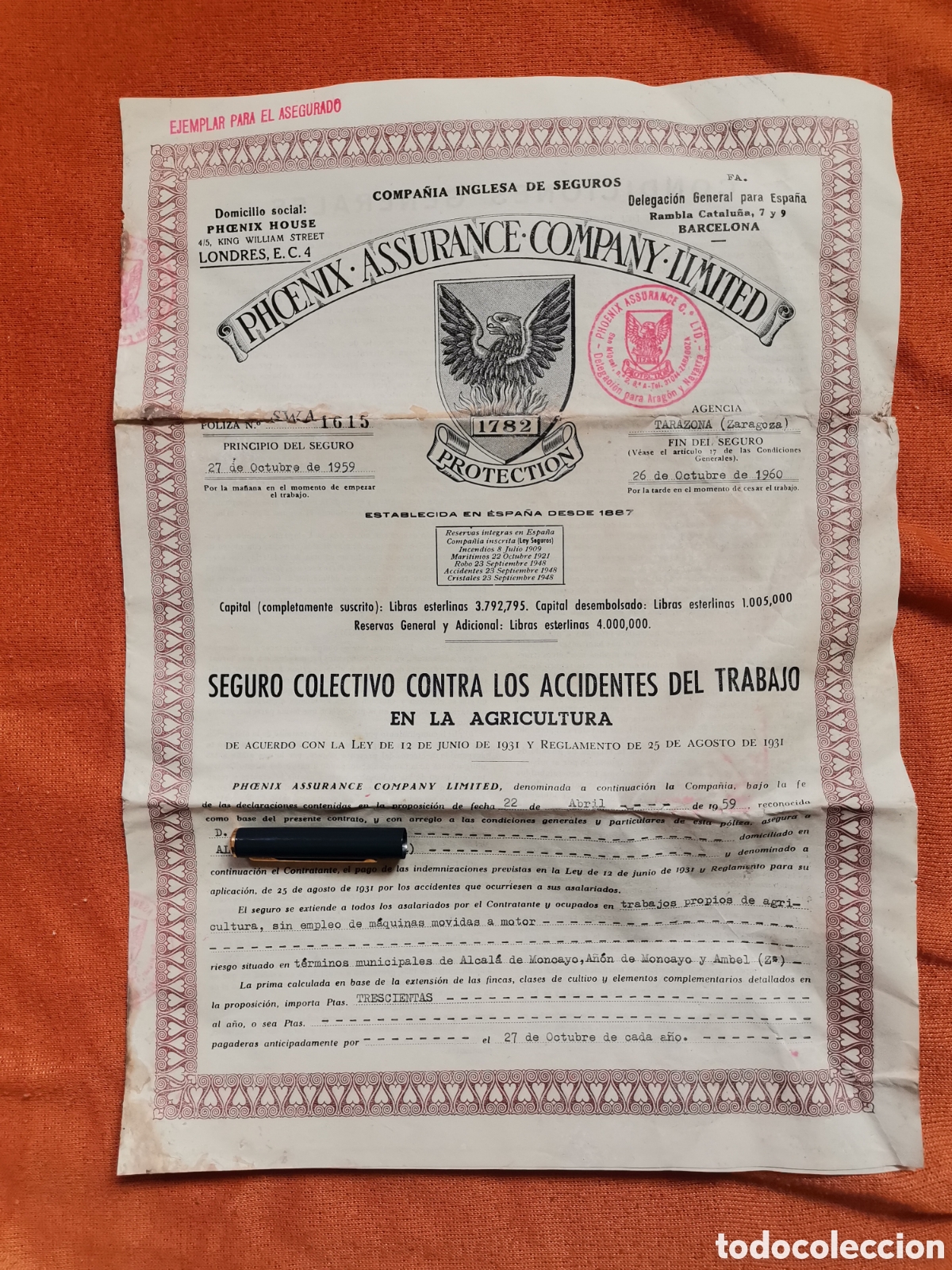 Otros Art&iacute;culos de Coleccionismo en Papel: Poliza seguro accidentes trabajo agricultura 1959 tarazona phoenix assurance