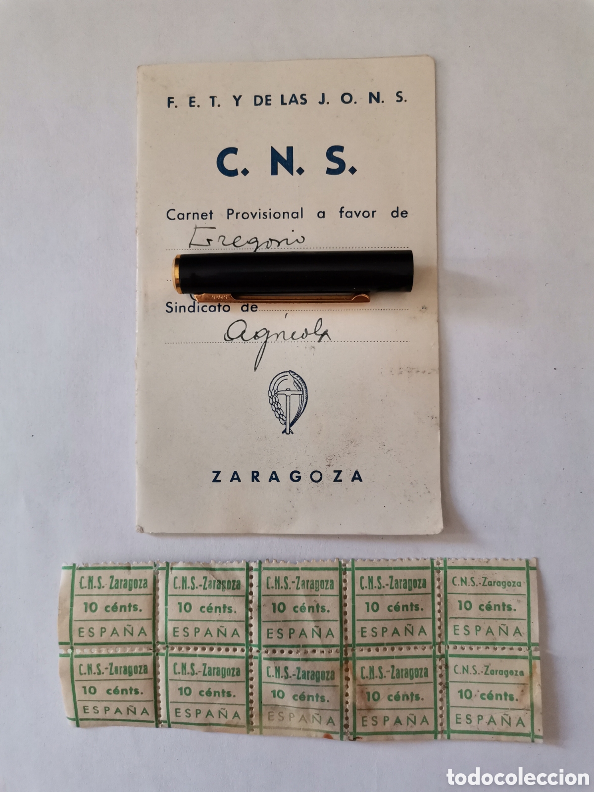 Otros Art&iacute;culos de Coleccionismo en Papel: Carnet c.n.s falange fet jons cosuenda zargoza agricultor 1940 vitivinicultor sello 10 cents