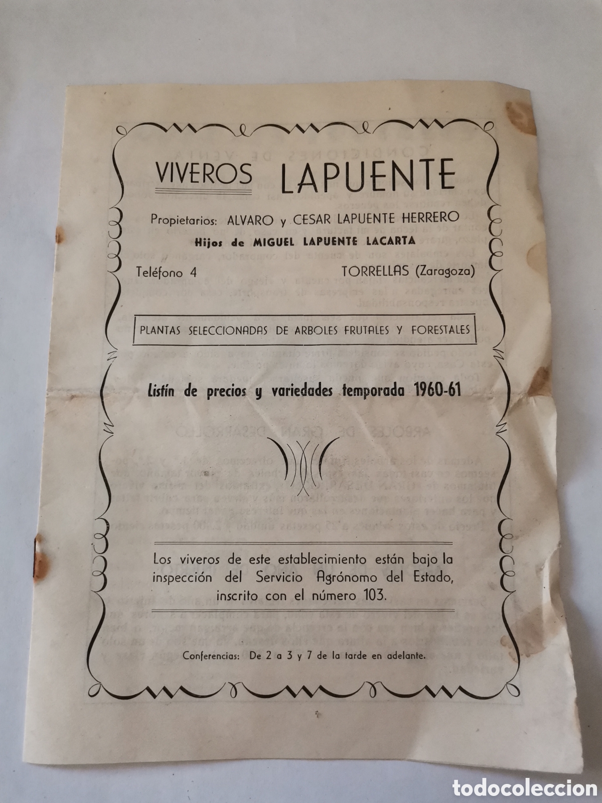 Otros art&iacute;culos de coleccionismo en papel: Catalogo tarifa listin precios variedades 1960 viveros lapuente torrellas zaragoza