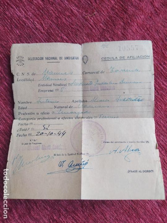 Sammelleidenschaft Andere Papierartikel: C&eacute;dula Sindicatos Franquistas A&ntilde;os 40. PAPEL.90