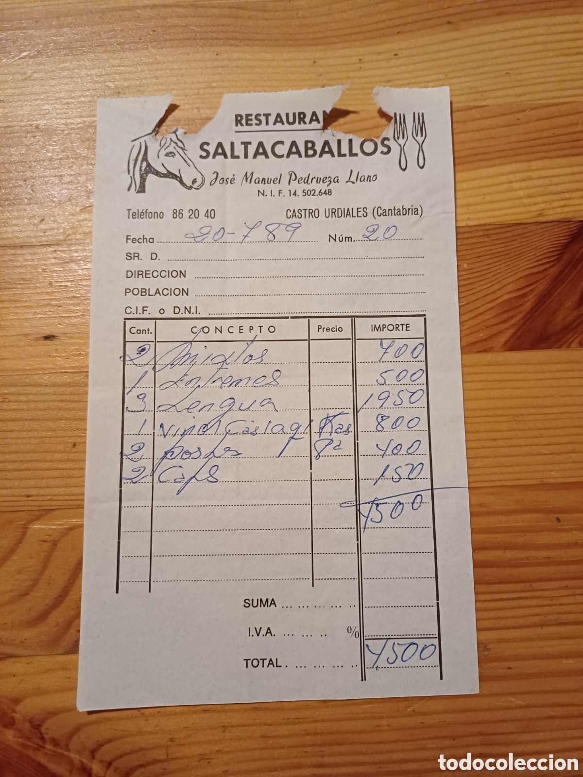 Otros art&iacute;culos de coleccionismo en papel: Factura Nota Restaurante Saltacaballos Castro urdiales Jose Manuel Pedrueza Llano