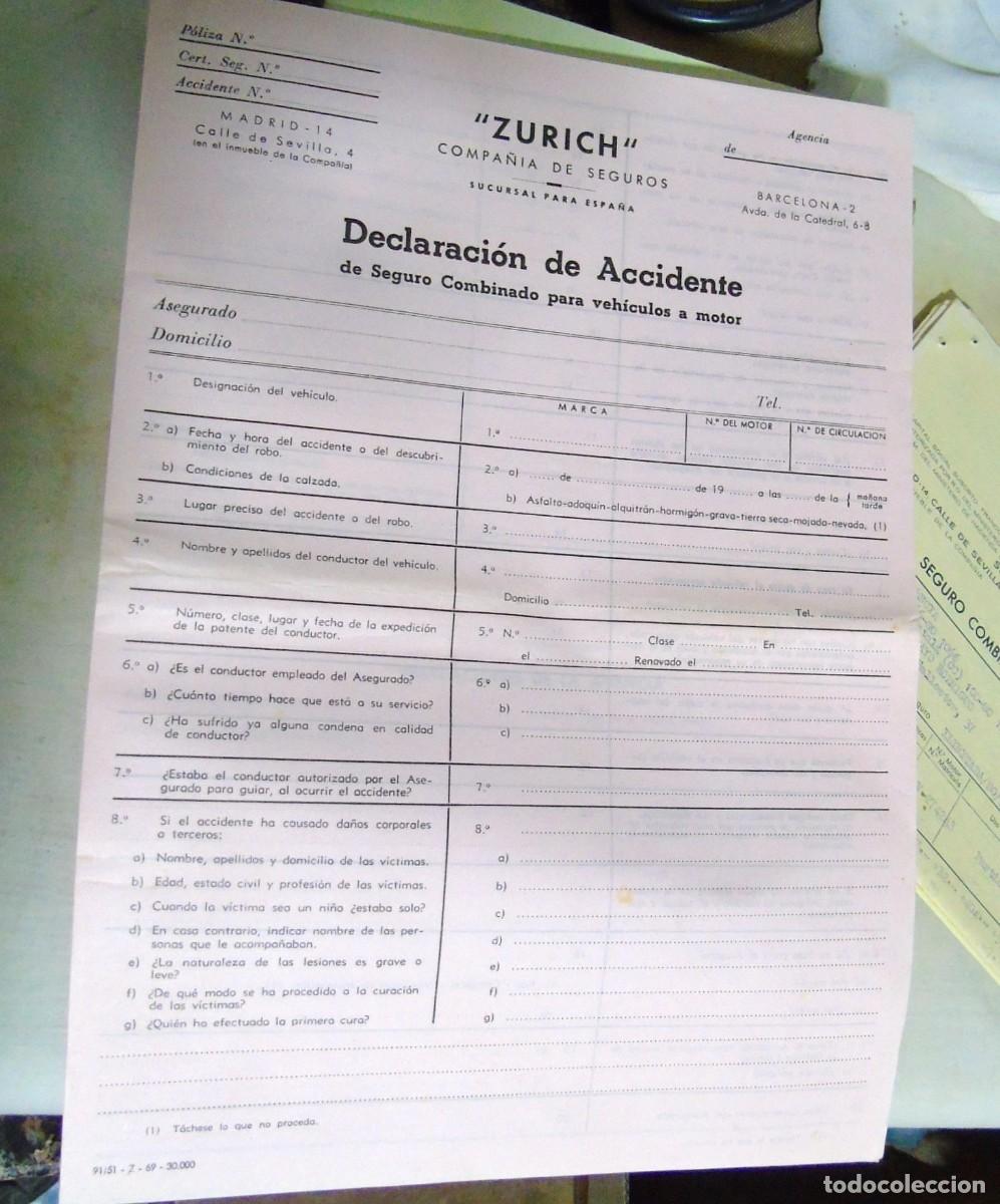 Paper Collecting Others: ANTIGUO BOLETIN DECLARACION DE ACCIDENTE ZURICH SEGUROS A&Ntilde;OS 70