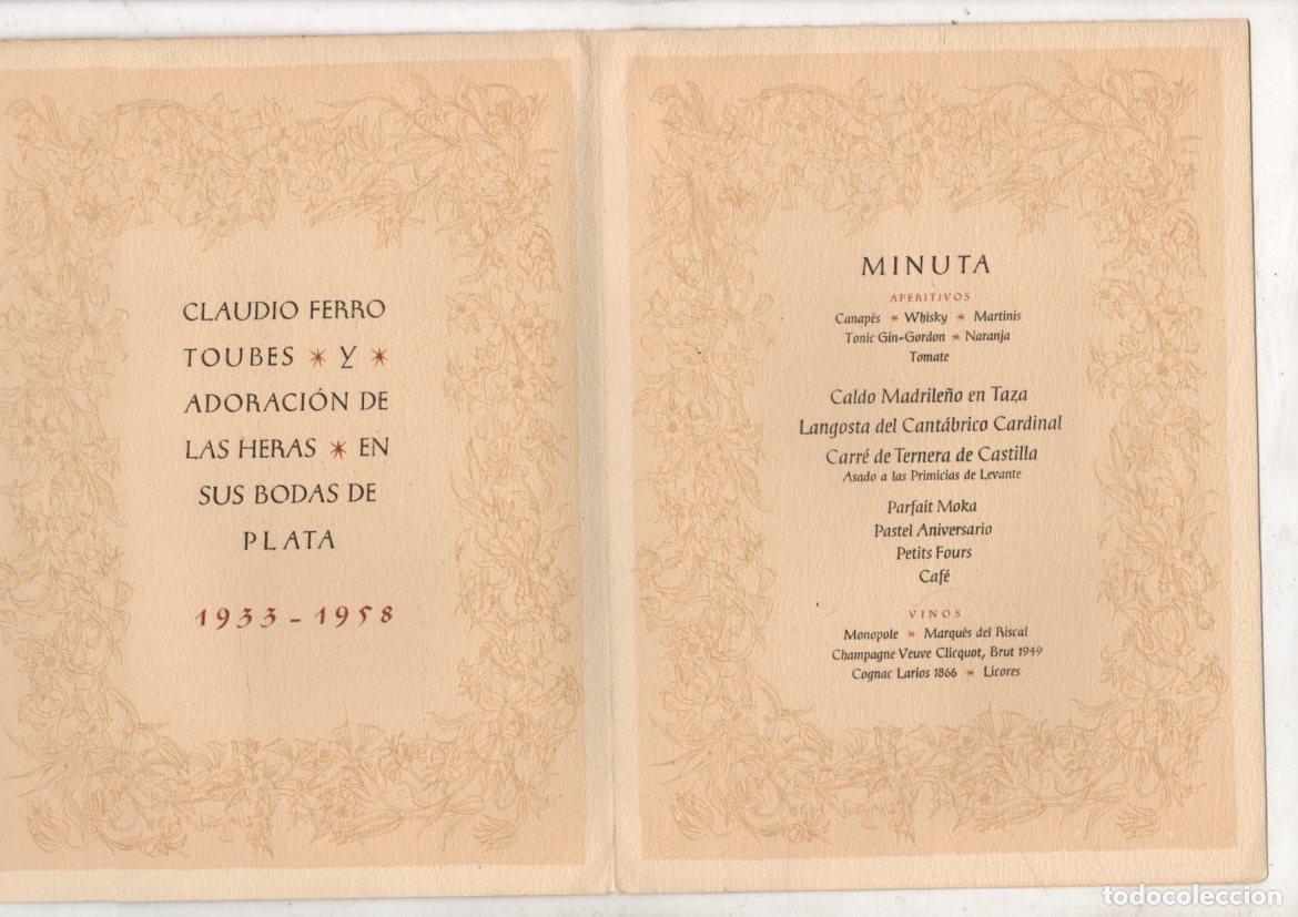 Otros Art&iacute;culos de Coleccionismo en Papel: MENU BODAS DE PLATA CLAUDIO FERRO TOUBES, DIRECTIVO BANCO EXTERIOR DE ESPA&Ntilde;A. 1933-1958