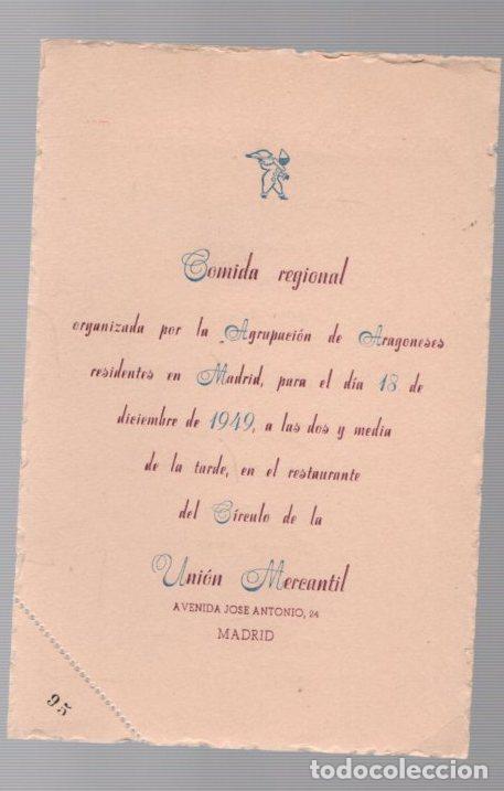 Otros art&iacute;culos de coleccionismo en papel: MENU COMIDA REGIONAL ORGANIZADA POR LA AGRUPACION DE ARAGONESES RESIDENTES EN MADRID 1949