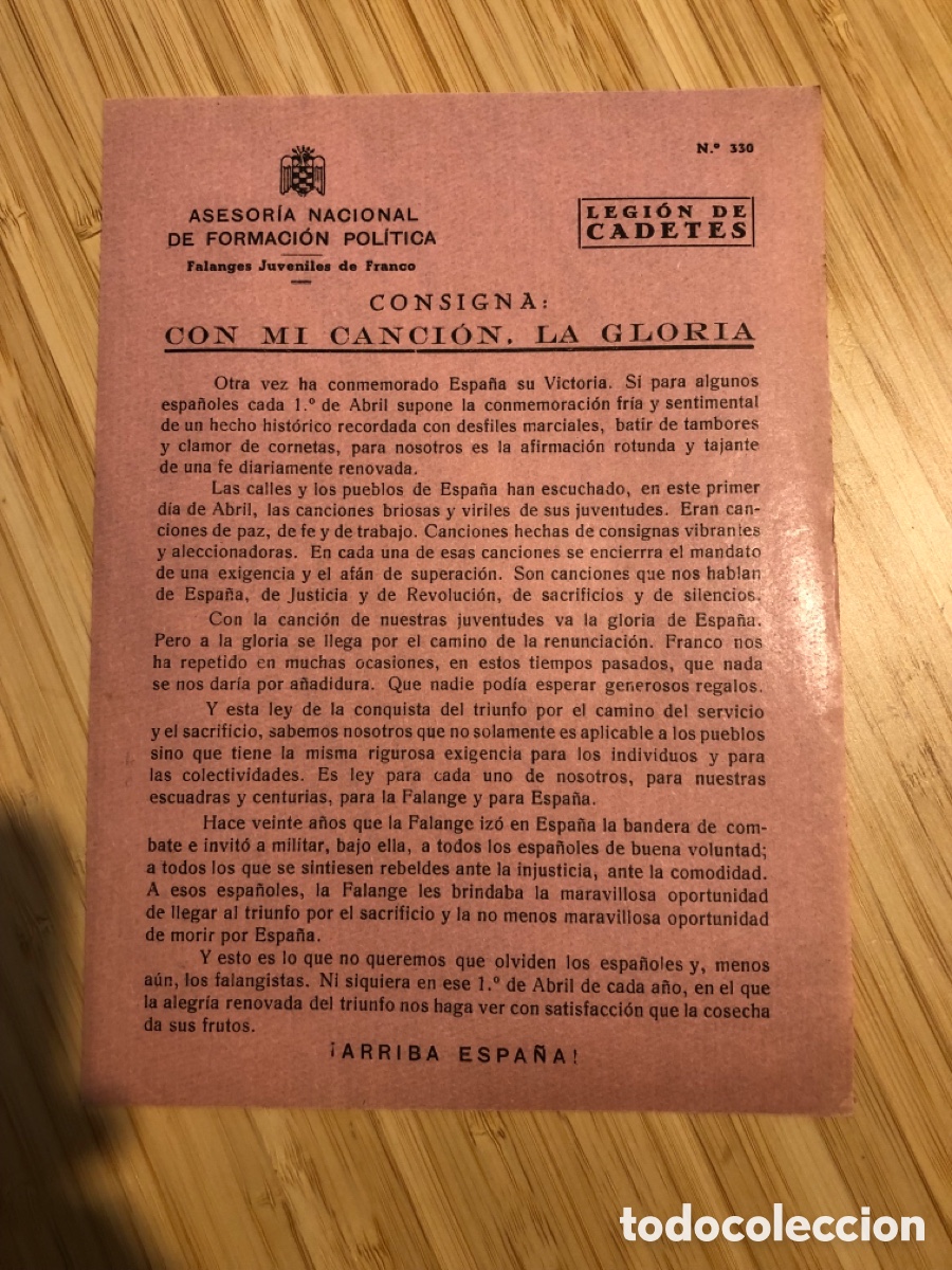 Otros Art&iacute;culos de Coleccionismo en Papel: Consigna Legi&oacute;n de Cadete, num 330, Asesoria Nacional de Formaci&oacute;n Pol&iacute;tica. Falanges Juveniles (L9)