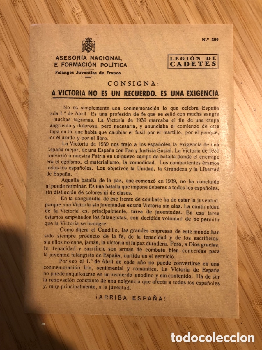 Otros Art&iacute;culos de Coleccionismo en Papel: Consigna Legi&oacute;n de Cadete, num 329, Asesoria Nacional de Formaci&oacute;n Pol&iacute;tica. Falanges Juveniles (L9)