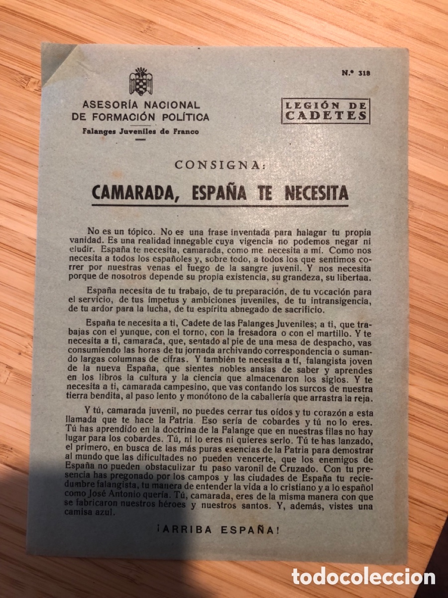 Otros Art&iacute;culos de Coleccionismo en Papel: Consigna Legi&oacute;n de Cadete, num 318, Asesoria Nacional de Formaci&oacute;n Pol&iacute;tica. Falanges Juveniles (L9)