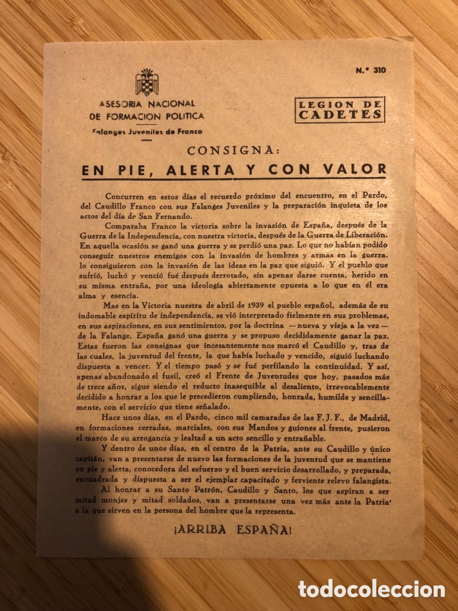Otros Art&iacute;culos de Coleccionismo en Papel: Consigna Legi&oacute;n de Cadete, num 310, Asesoria Nacional de Formaci&oacute;n Pol&iacute;tica. Falanges Juveniles (L9)