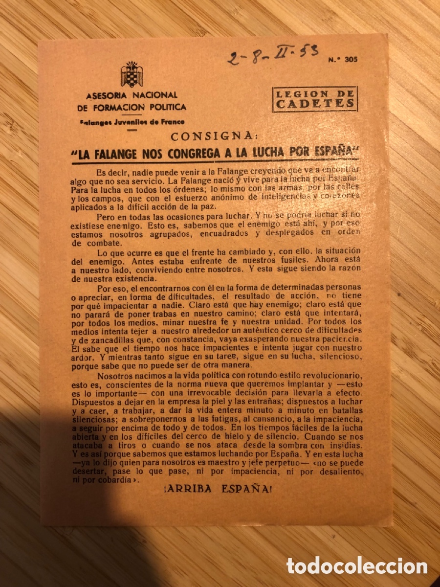 Otros Art&iacute;culos de Coleccionismo en Papel: Consigna Legi&oacute;n de Cadete, num 305, Asesoria Nacional de Formaci&oacute;n Pol&iacute;tica. Falanges Juveniles (L9)