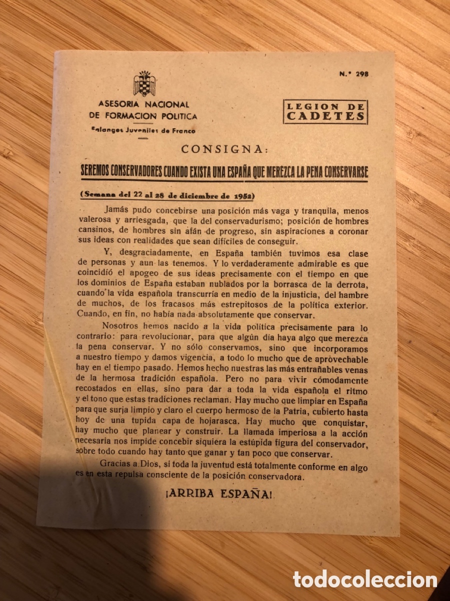 Otros Art&iacute;culos de Coleccionismo en Papel: Consigna Legi&oacute;n de Cadete, num 298, Asesoria Nacional de Formaci&oacute;n Pol&iacute;tica. Falanges Juveniles (L9)