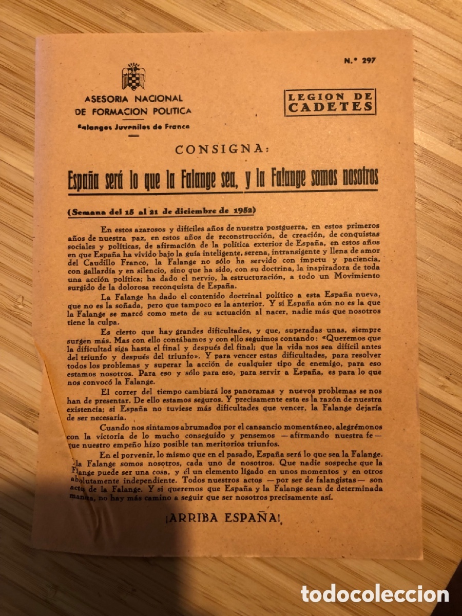 Otros Art&iacute;culos de Coleccionismo en Papel: Consigna Legi&oacute;n de Cadete, num 297, Asesoria Nacional de Formaci&oacute;n Pol&iacute;tica. Falanges Juveniles (L9)