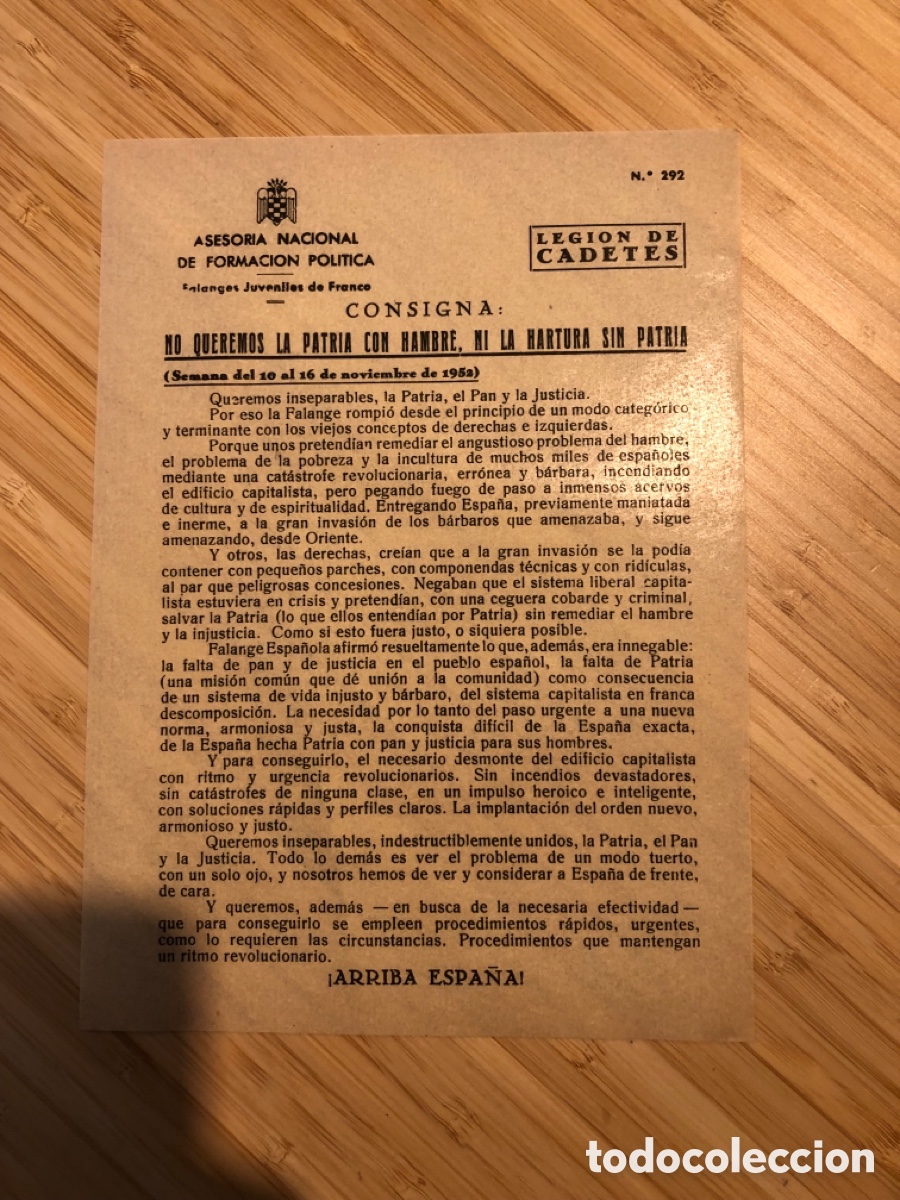 Otros Art&iacute;culos de Coleccionismo en Papel: Consigna Legi&oacute;n de Cadete, num 292, Asesoria Nacional de Formaci&oacute;n Pol&iacute;tica. Falanges Juveniles (L9)
