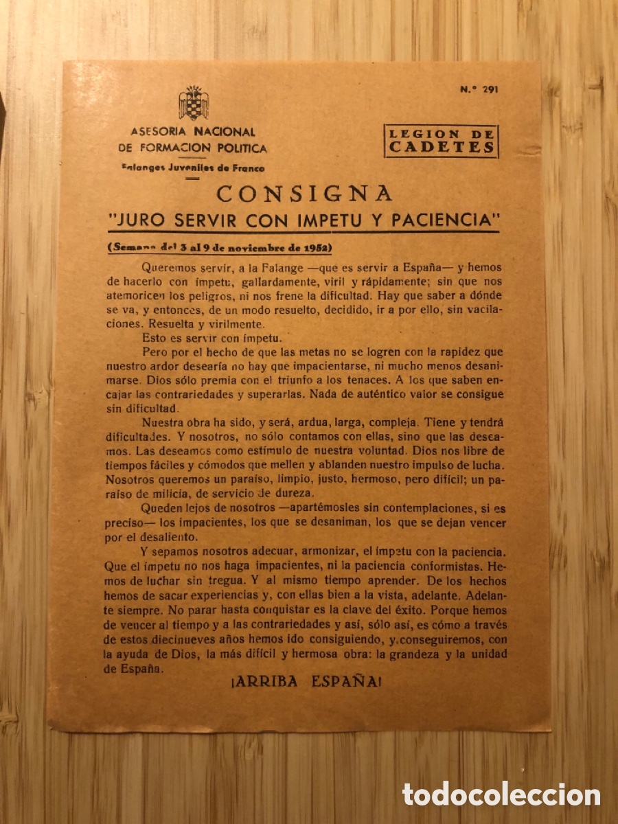Otros Art&iacute;culos de Coleccionismo en Papel: Consigna Legi&oacute;n de Cadete, num 291, Asesoria Nacional de Formaci&oacute;n Pol&iacute;tica. Falanges Juveniles (L9)