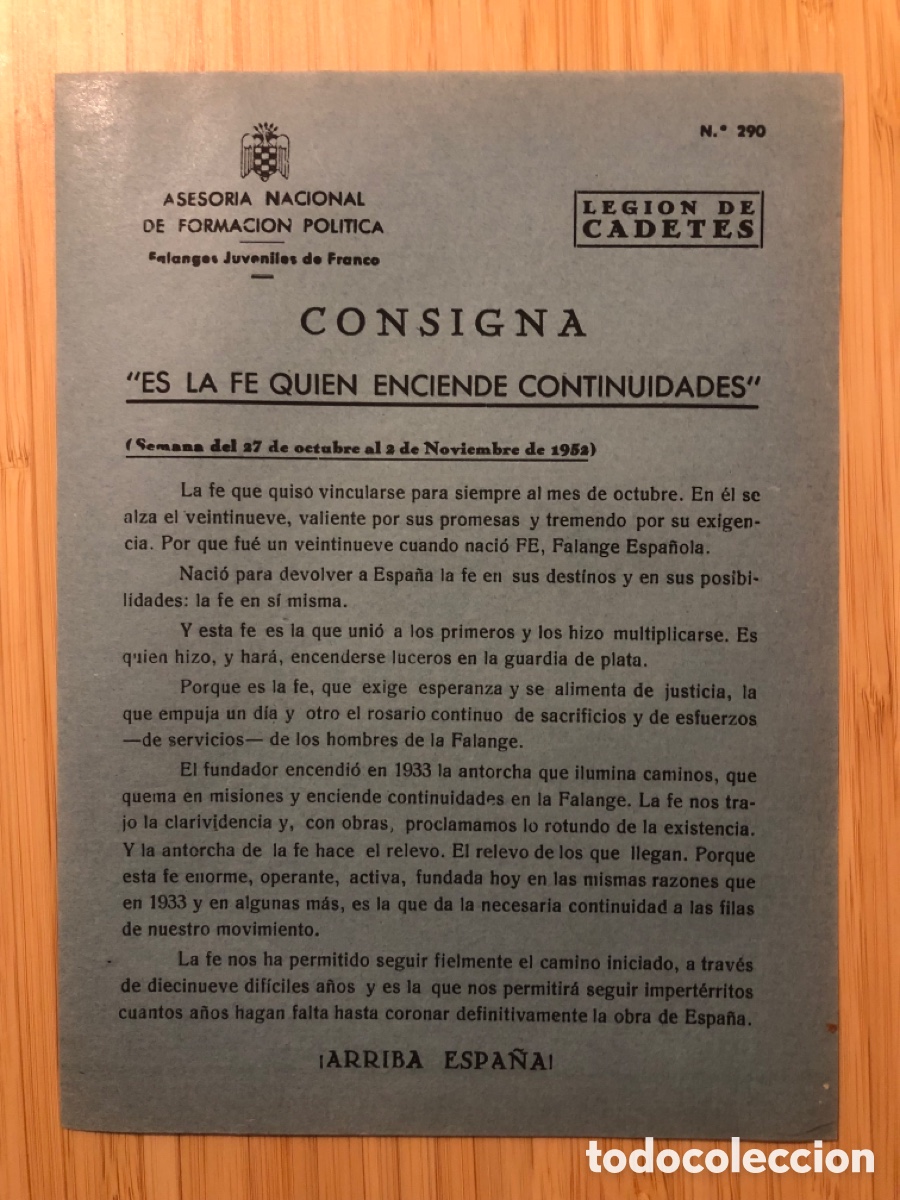 Outros artigos de papel: Consigna Legi&oacute;n de Cadete, num 290, Asesoria Nacional de Formaci&oacute;n Pol&iacute;tica. Falanges Juveniles (L9)