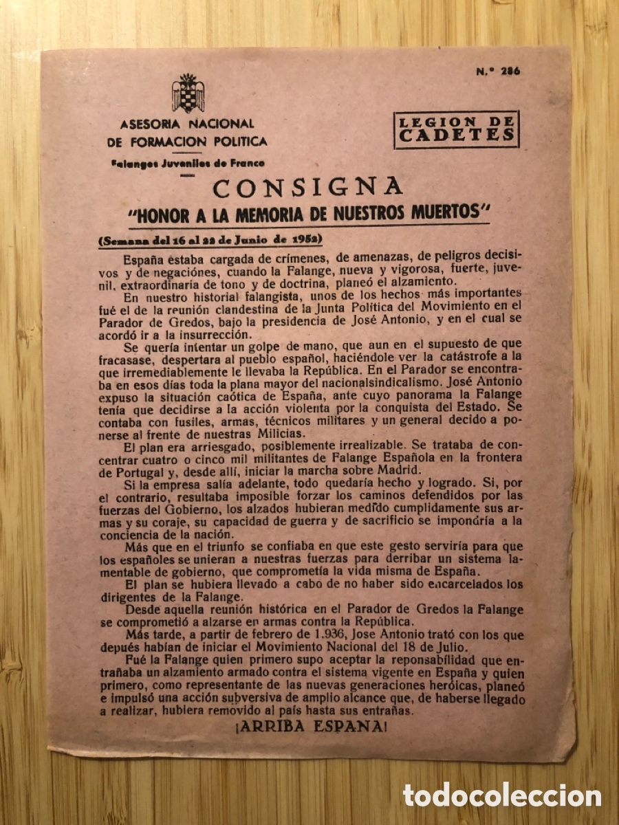 Otros Art&iacute;culos de Coleccionismo en Papel: Consigna Legi&oacute;n de Cadete, num 286, Asesoria Nacional de Formaci&oacute;n Pol&iacute;tica. Falanges Juveniles (L9)