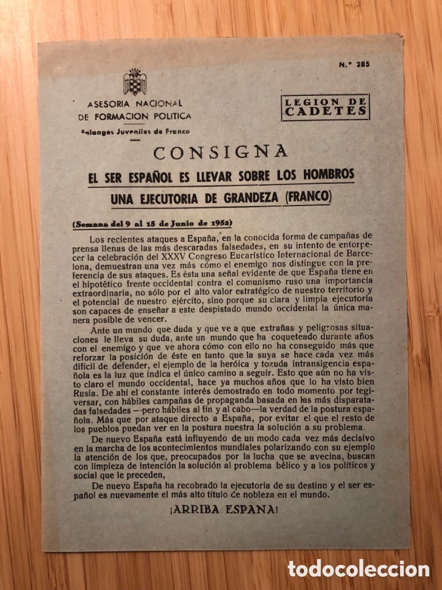 Otros Art&iacute;culos de Coleccionismo en Papel: Consigna Legi&oacute;n de Cadete, num 285, Asesoria Nacional de Formaci&oacute;n Pol&iacute;tica. Falanges Juveniles (L9)