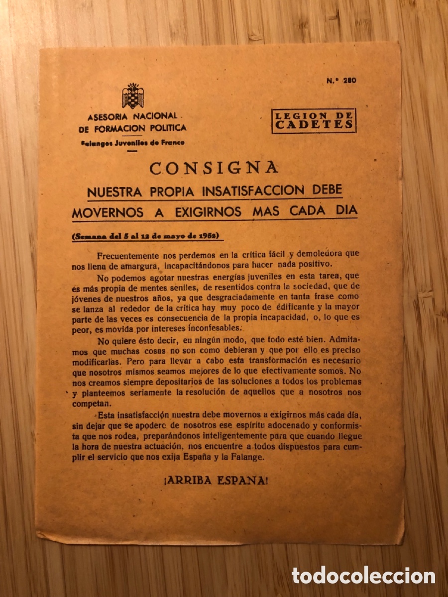 Otros Art&iacute;culos de Coleccionismo en Papel: Consigna Legi&oacute;n de Cadete, num 280 Asesoria Nacional de Formaci&oacute;n Pol&iacute;tica. Falanges Juveniles (L9)