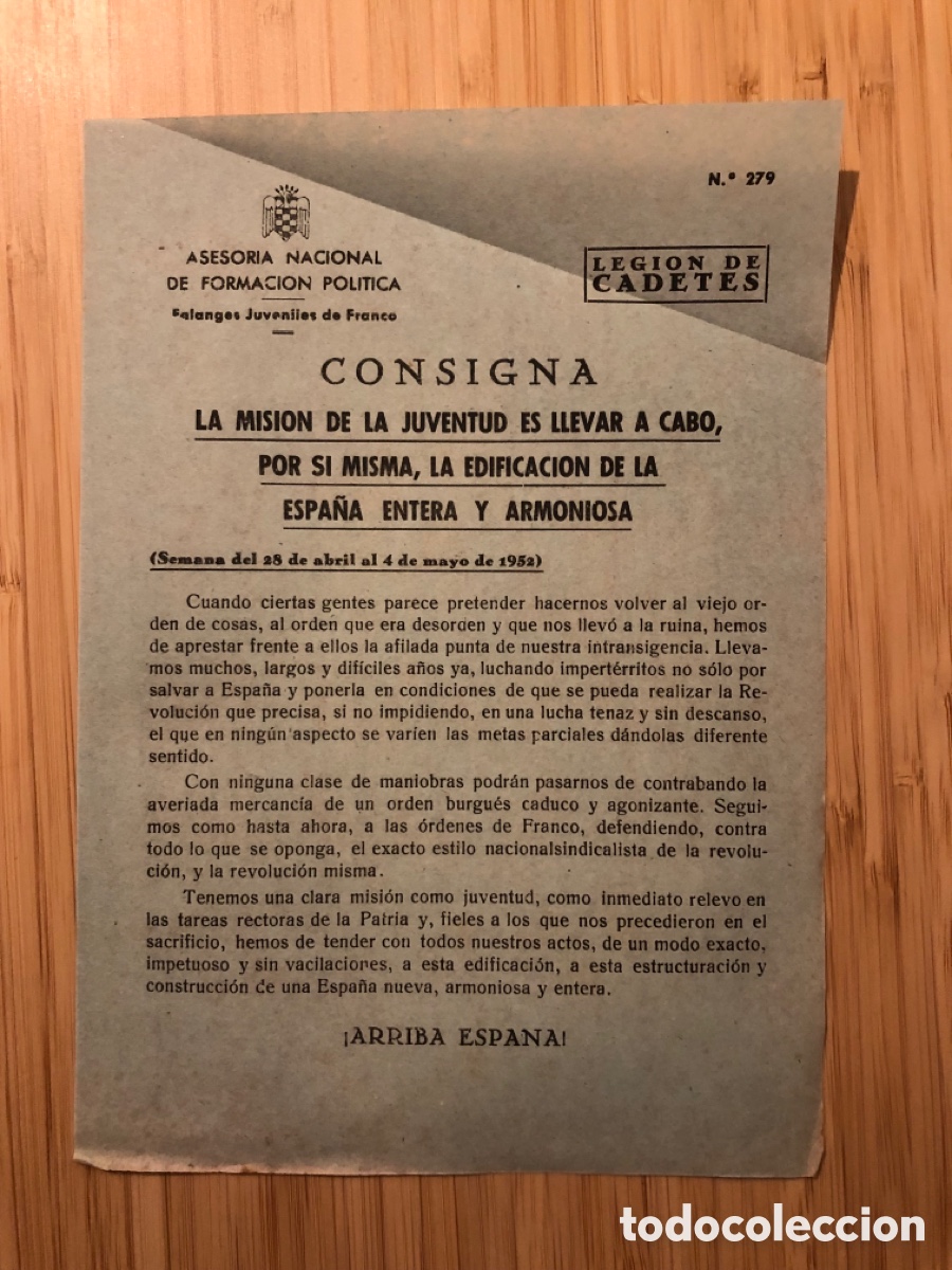 Otros Art&iacute;culos de Coleccionismo en Papel: Consigna Legi&oacute;n de Cadete, num 279, Asesoria Nacional de Formaci&oacute;n Pol&iacute;tica. Falanges Juveniles (L9)