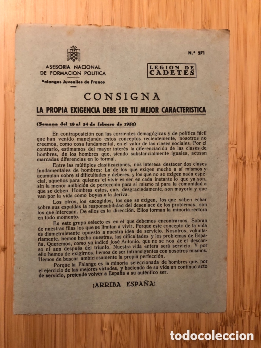 Otros Art&iacute;culos de Coleccionismo en Papel: Consigna Legi&oacute;n de Cadete, num 271, Asesoria Nacional de Formaci&oacute;n Pol&iacute;tica. Falanges Juveniles (L9)