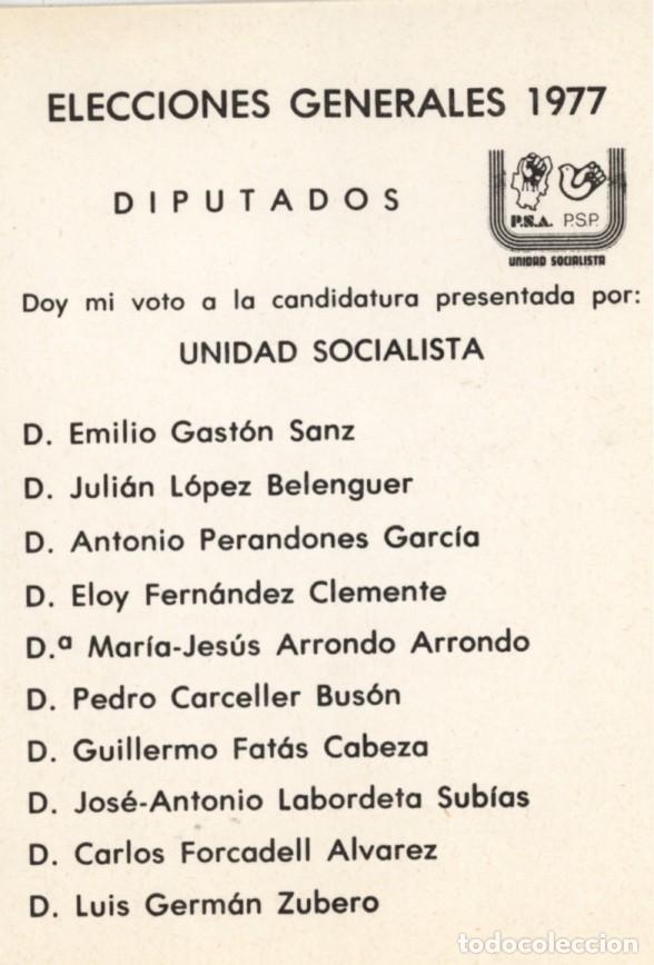 Otros art&iacute;culos de coleccionismo en papel: Primeras elecciones 1977. Zaragoza. Papeleta electoral Unidad Socialista. PSA - PSP.