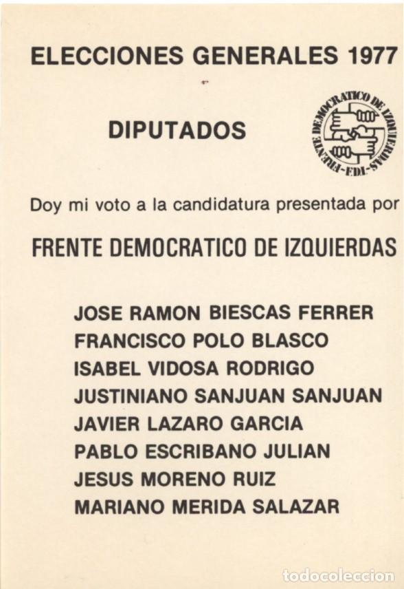 Otros art&iacute;culos de coleccionismo en papel: Primeras elecciones 1977. Zaragoza. Papeleta electoral Frente Democr&aacute;tico de Izquierdas..