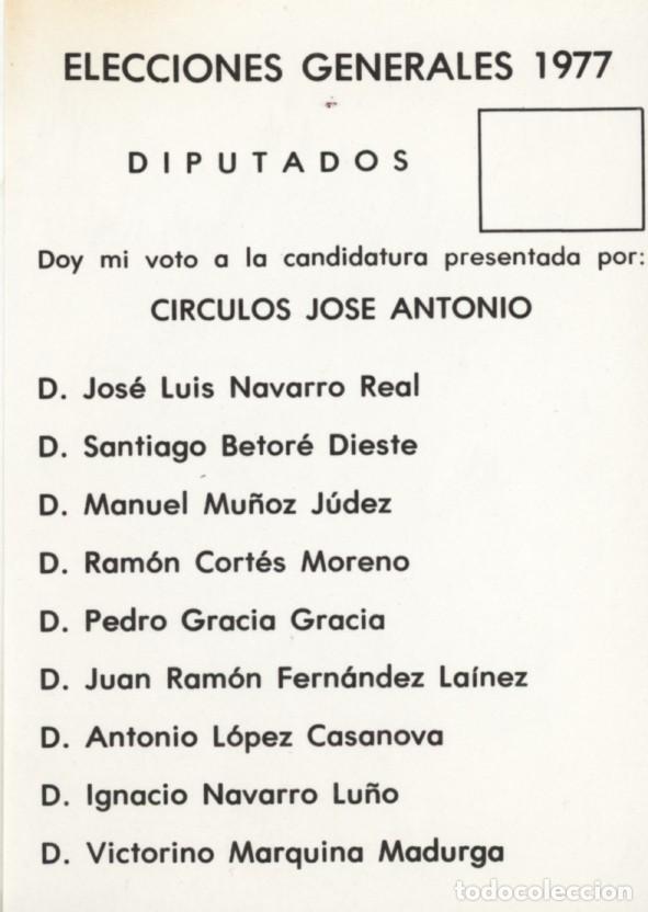 Otros art&iacute;culos de coleccionismo en papel: Primeras elecciones 1977. Zaragoza. Papeleta electoral C&iacute;rculos Jos&eacute; Antonio.