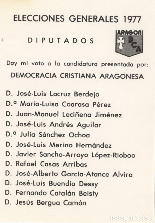 Otros art&iacute;culos de coleccionismo en papel: Primeras elecciones 1977. Zaragoza. Papeleta electoral Democracia Cristiana Aragonesa.