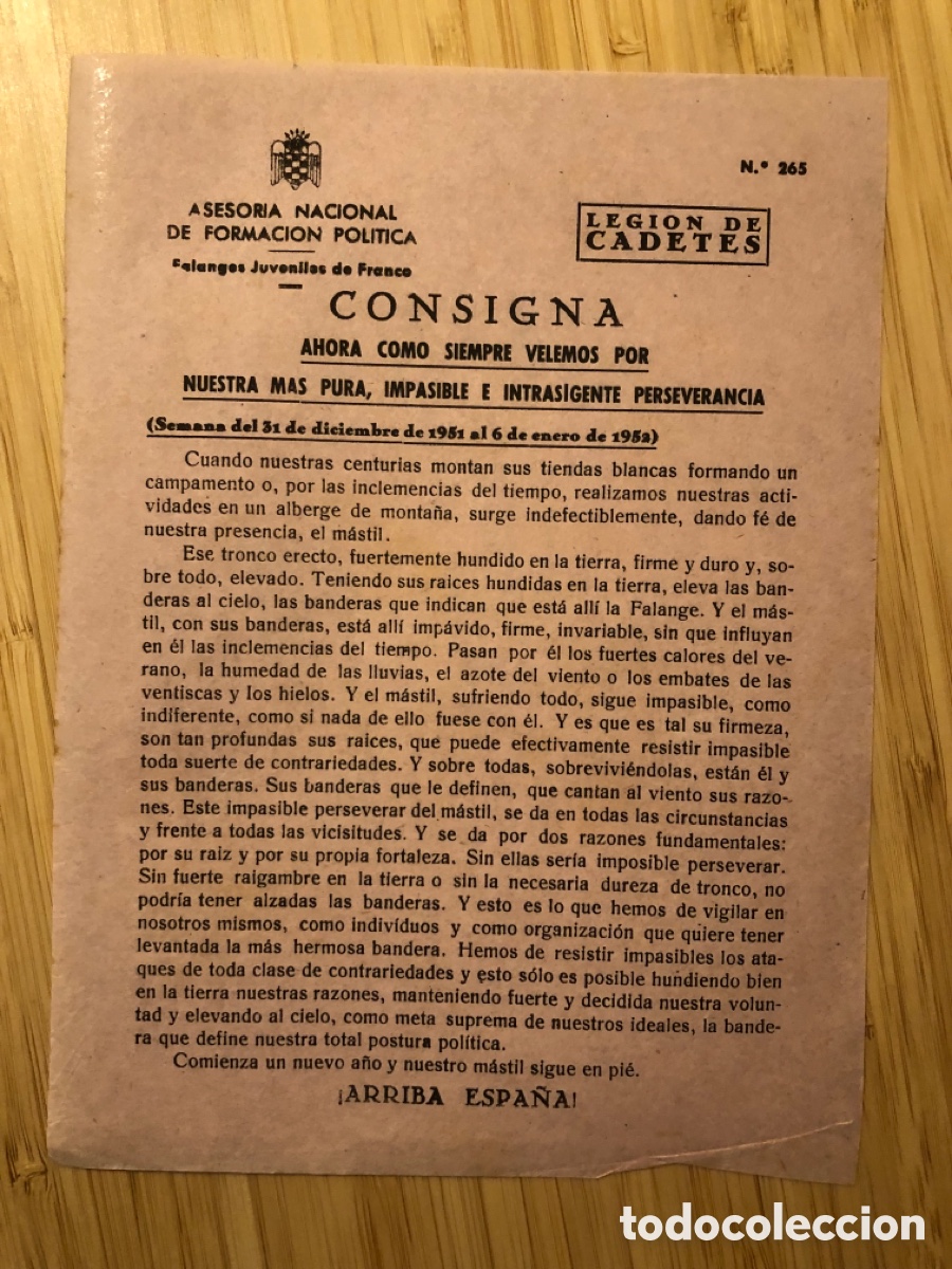 Otros Art&iacute;culos de Coleccionismo en Papel: Consigna Legi&oacute;n de Cadete, num 265, Asesoria Nacional de Formaci&oacute;n Pol&iacute;tica. Falanges Juveniles (L9)
