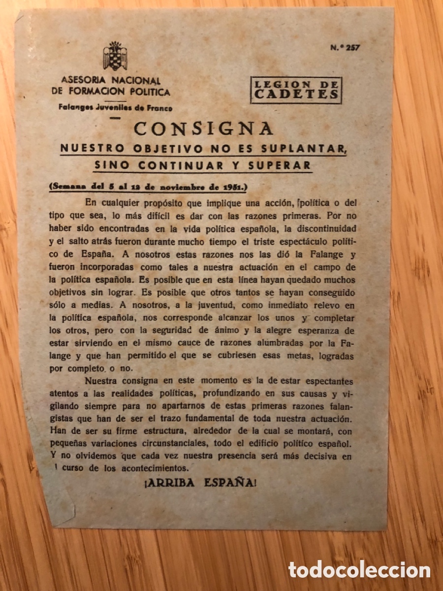 Otros Art&iacute;culos de Coleccionismo en Papel: Consigna Legi&oacute;n de Cadete, num 257, Asesoria Nacional de Formaci&oacute;n Pol&iacute;tica. Falanges Juveniles (L9)