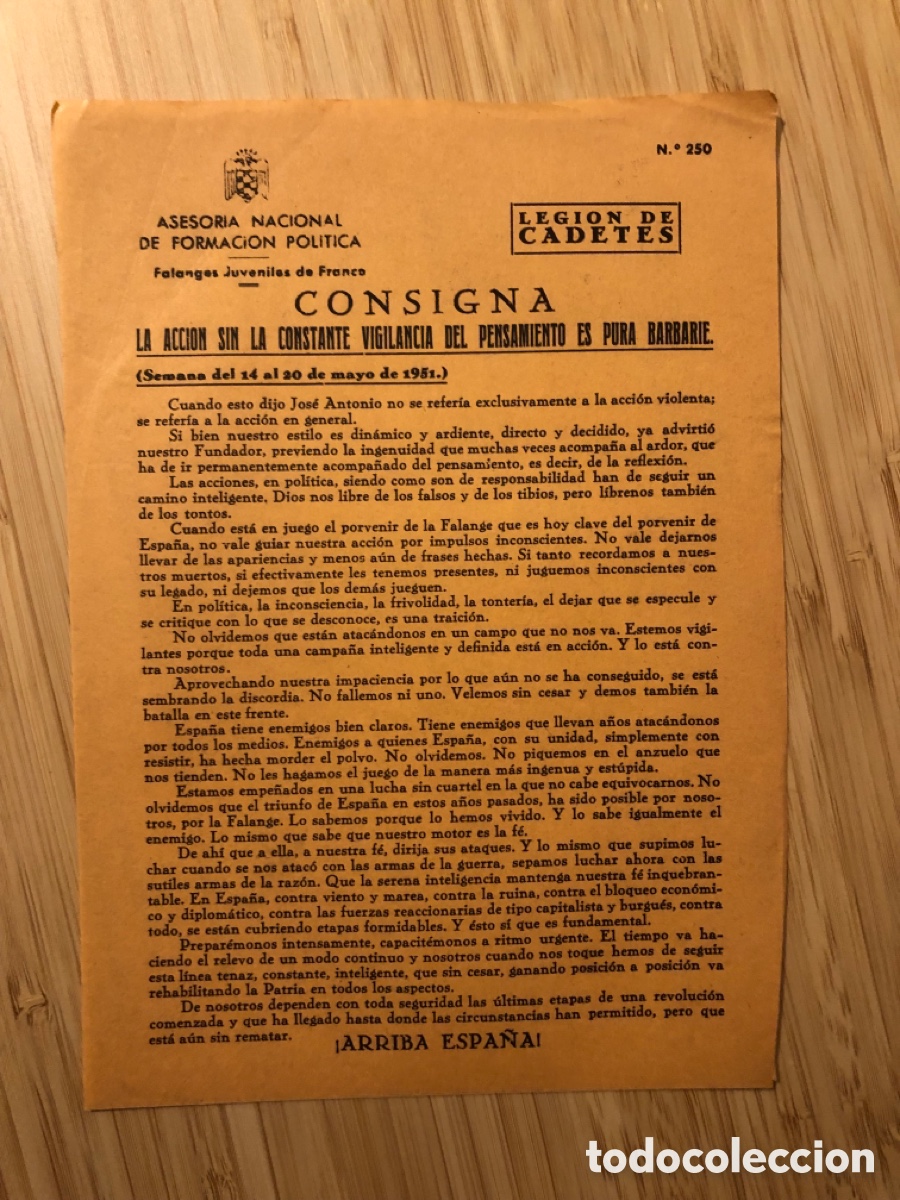 Otros Art&iacute;culos de Coleccionismo en Papel: Consigna Legi&oacute;n de Cadete, num 250, Asesoria Nacional de Formaci&oacute;n Pol&iacute;tica. Falanges Juveniles (L9)