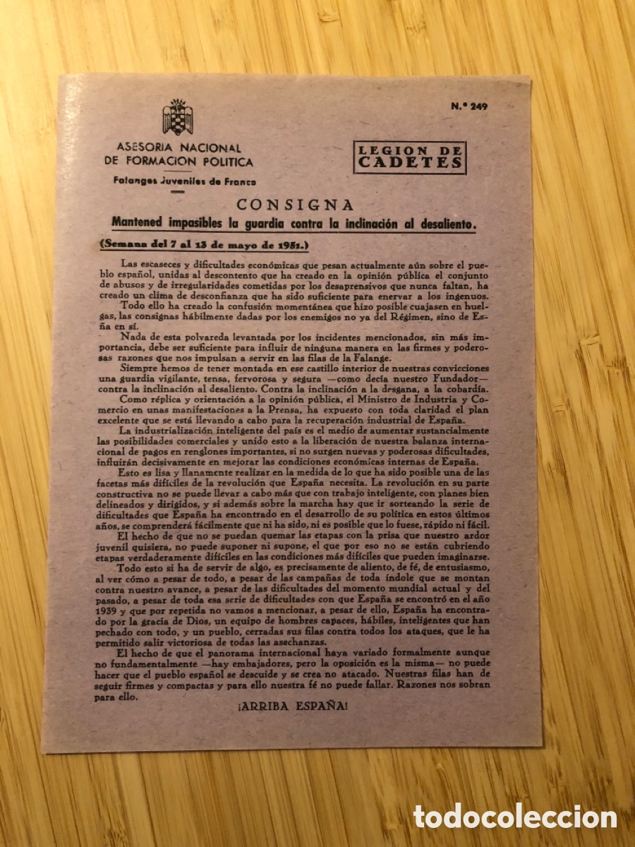 Otros Art&iacute;culos de Coleccionismo en Papel: Consigna Legi&oacute;n de Cadete, num 249, Asesoria Nacional de Formaci&oacute;n Pol&iacute;tica. Falanges Juveniles (L9)