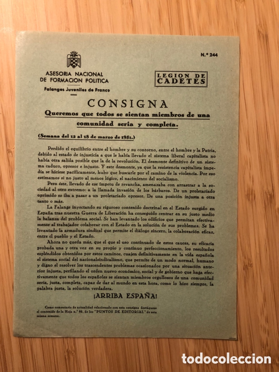 Otros Art&iacute;culos de Coleccionismo en Papel: Consigna Legi&oacute;n de Cadete, num 244, Asesoria Nacional de Formaci&oacute;n Pol&iacute;tica. Falanges Juveniles (L9)