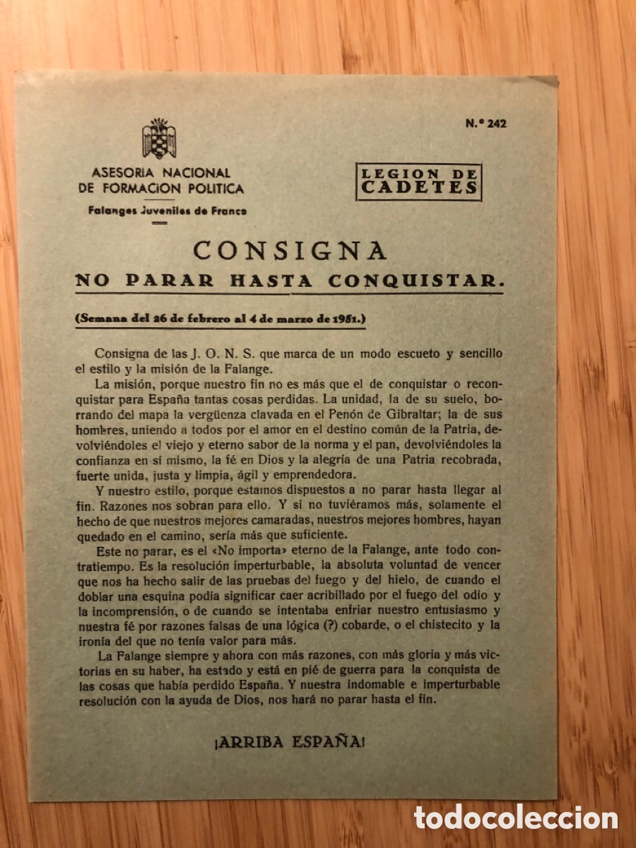Otros Art&iacute;culos de Coleccionismo en Papel: Consigna Legi&oacute;n de Cadete, num 242, Asesoria Nacional de Formaci&oacute;n Pol&iacute;tica. Falanges Juveniles (L9)