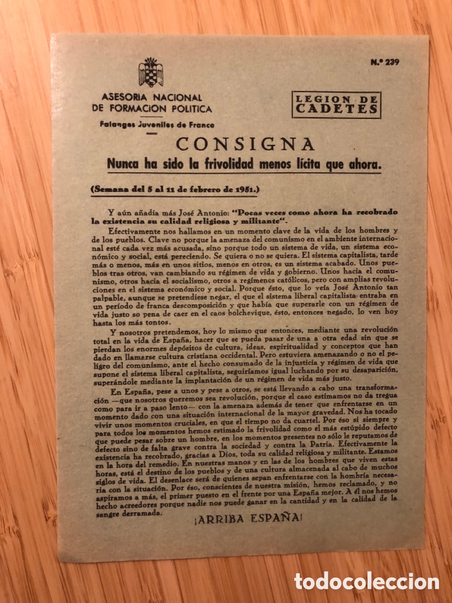 Otros Art&iacute;culos de Coleccionismo en Papel: Consigna Legi&oacute;n de Cadete, num 239, Asesoria Nacional de Formaci&oacute;n Pol&iacute;tica. Falanges Juveniles (L9)