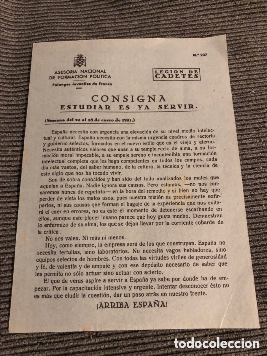 Otros Art&iacute;culos de Coleccionismo en Papel: Consigna Legi&oacute;n de Cadete, num 237, Asesoria Nacional de Formaci&oacute;n Pol&iacute;tica. Falanges Juveniles (L9)